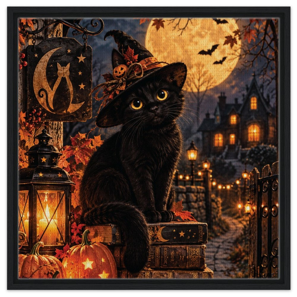 Black Halloween Cat on Books Framed Canvas – Spooky Fall Moon Wall Art