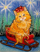 Kitten Christmas Sleigh Winter Orange Tabby Cat Card