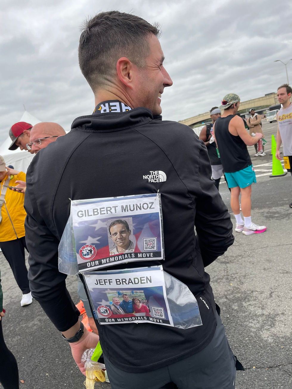 Heggemeier carries the names of Gilbert Munoz and Jeff Braden on his back during a memorial run. For him, honoring the fallen isn’t an occasion. It’s a practice.