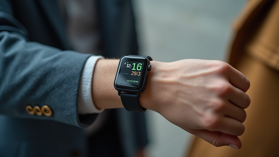 Eye-level view of a wearable health monitoring device on a wrist