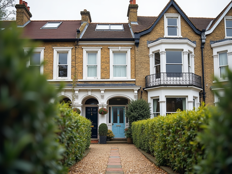 Brick house with black door, white-trimmed windows, and a sloped roof. Front garden features trimmed bushes and vibrant flowers.