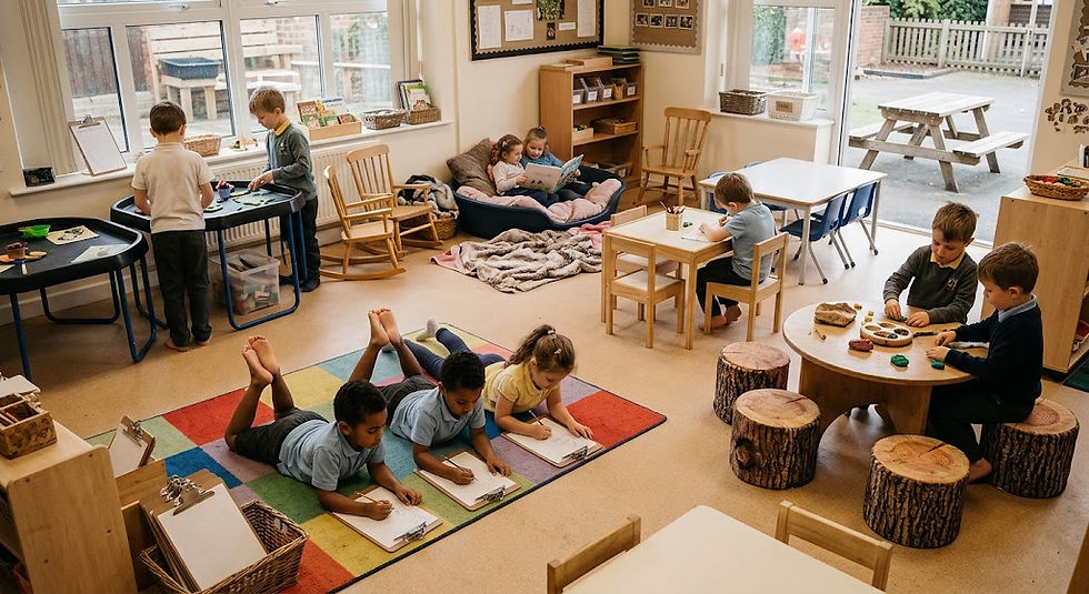 Children in a bright preschool classroom draw, read, and play at small tables and rugs near big windows and a picnic table outside.