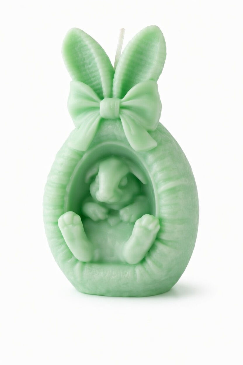 Bougie décorative lapin dans œuf pastel vert d’eau, petit bunny sculpté avec pattes potelées et ruban,  artisanale