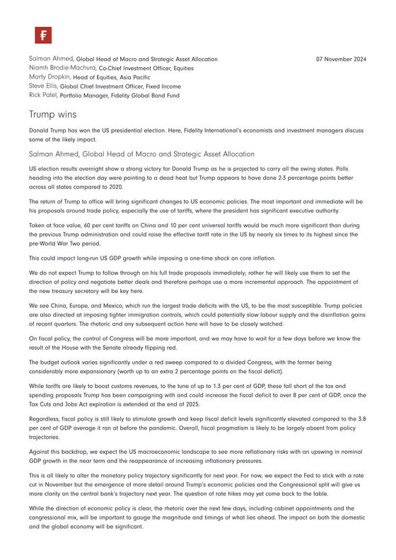 Trump wins, investment insights...Fidelity Australia