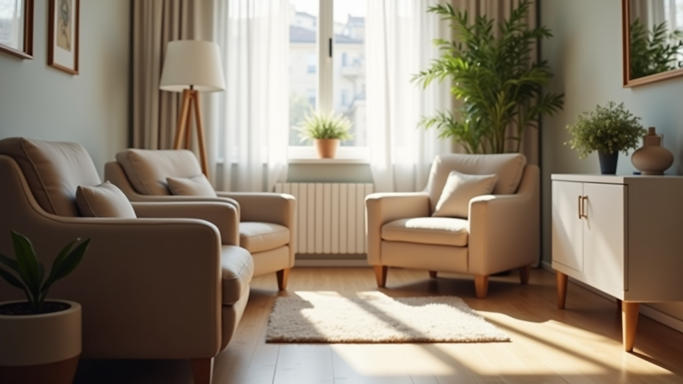 Close-up view of a therapist’s office with comfortable chairs and soft lighting