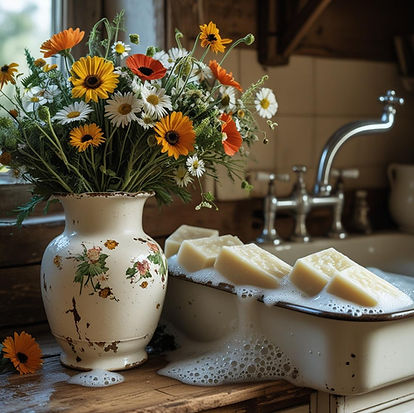 Vintage vase full of wildflowers on a farmhouse kitchen counter . Wet homemade bars of soa