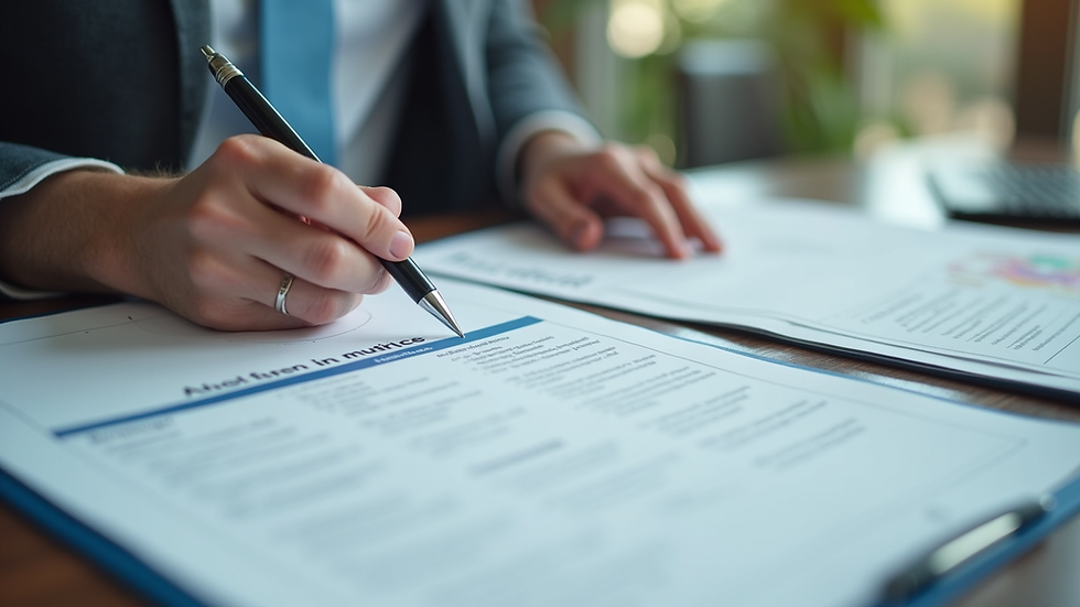 Close-up view of a person reviewing health insurance documents at a desk