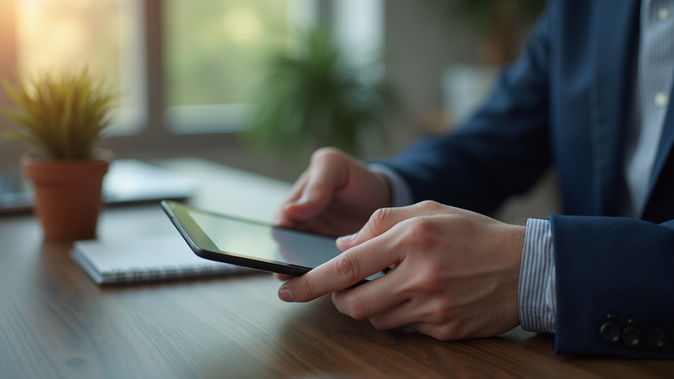 Close-up view of a small business owner reviewing health insurance options on a tablet