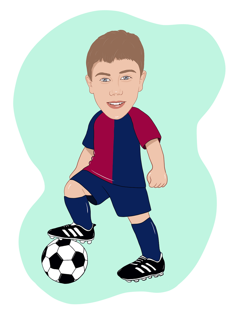 Miniature : Illustration personnalisée d’un enfant en tenue de football, ballon au pied.