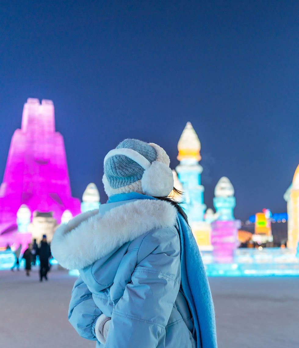 Person in a blue coat and earmuffs admires brightly lit ice sculptures against a clear night sky, creating a festive winter scene.