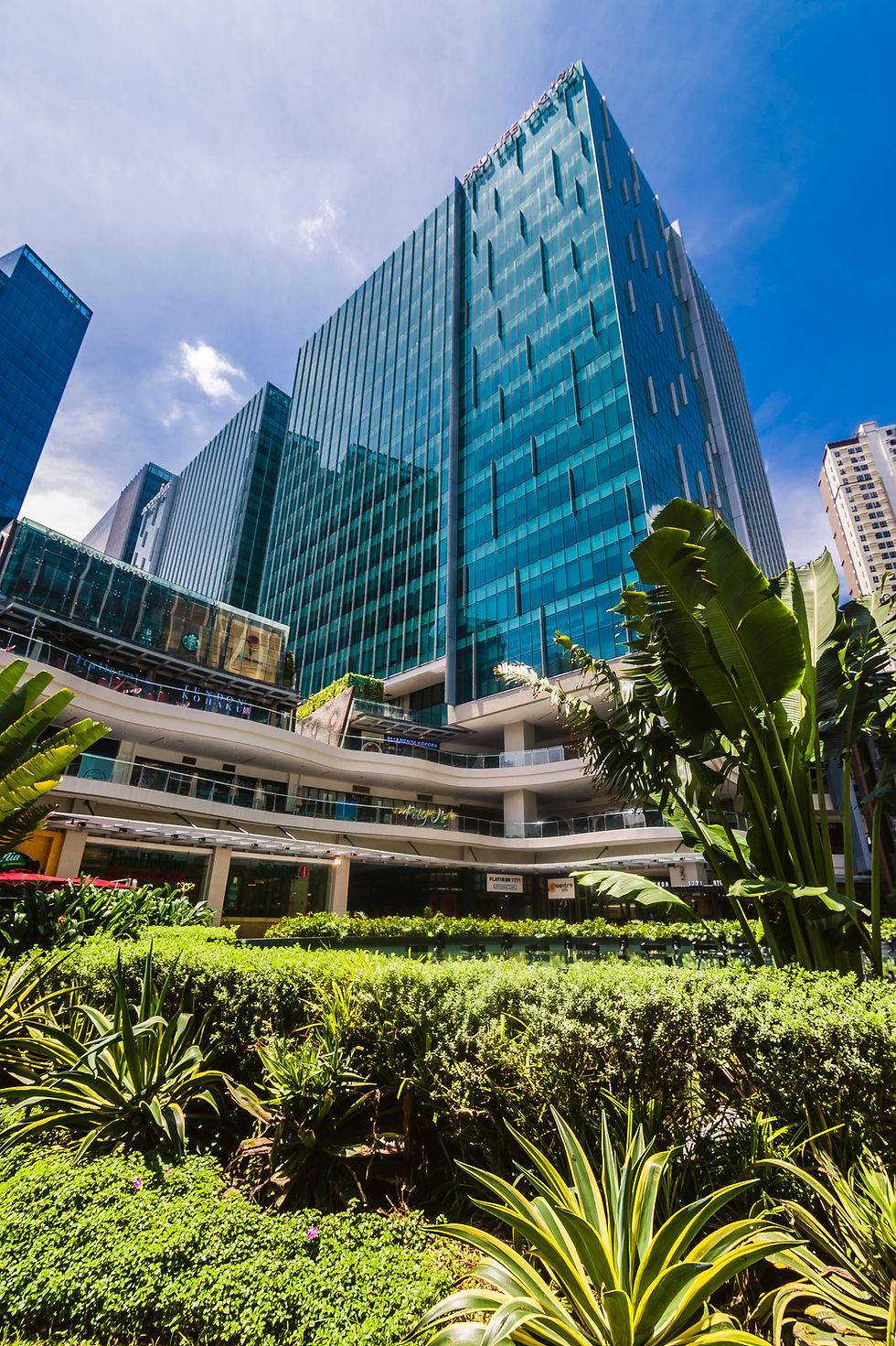 Skyscraper with glass facade under blue sky, surrounded by lush green plants and vibrant garden. Signs visible on building.