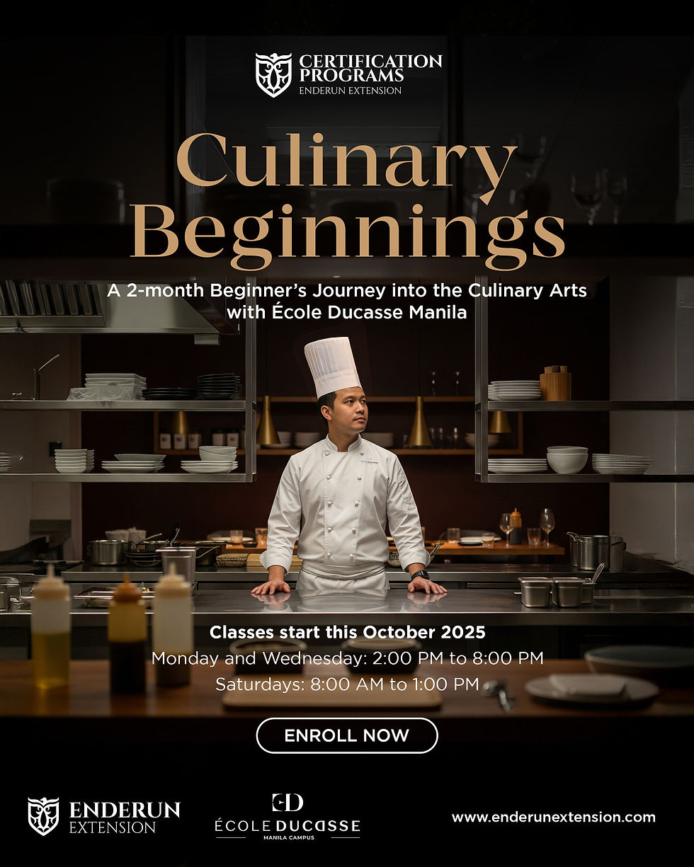 Chef in white uniform stands in a modern kitchen with shelves of plates. Text: "Culinary Beginnings," course details, enroll info.
