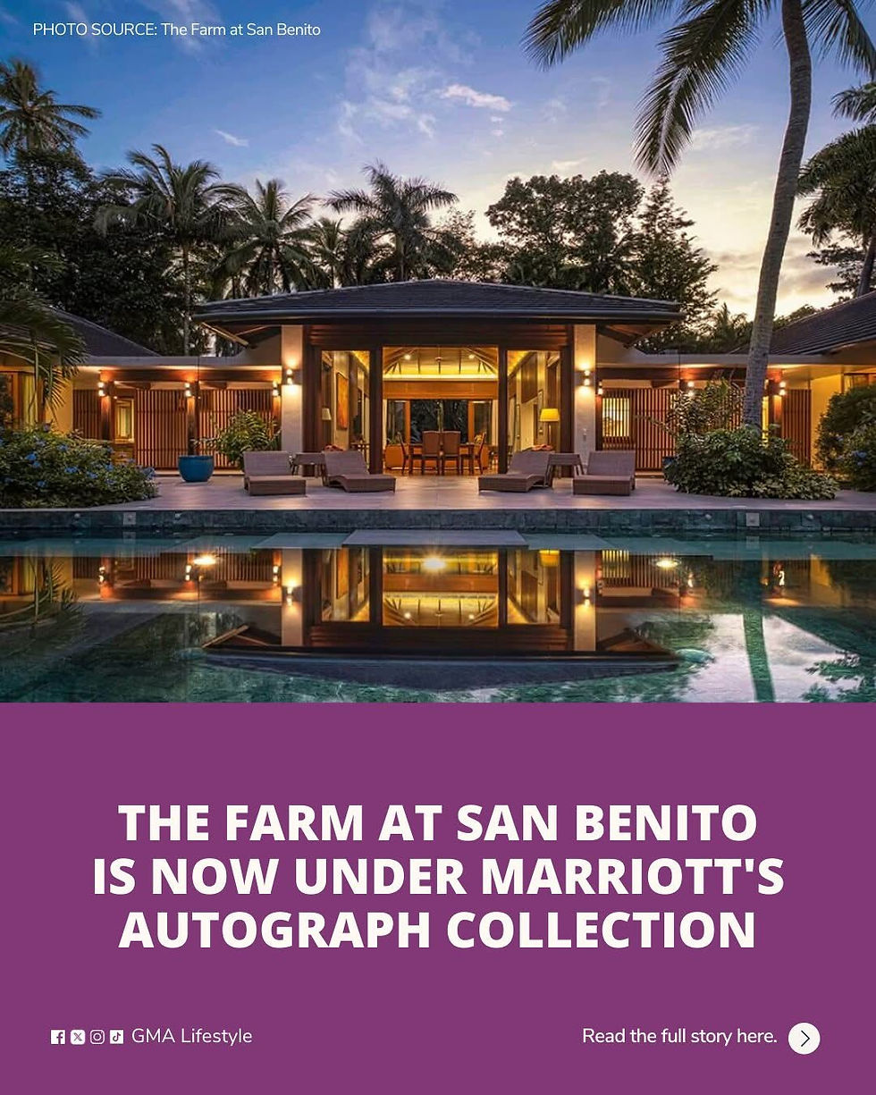 Modern resort surrounded by palm trees at dusk, with lit interior and pool reflection. Text: "The Farm at San Benito joins Marriott's Autograph Collection."
