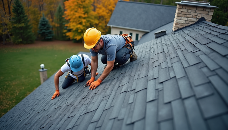 High angle view of Ace 1 Quality Roofing crew installing shingles on a residential roof in Niagara Region
