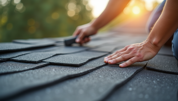 Close-up view of new asphalt shingles being installed on a residential roof