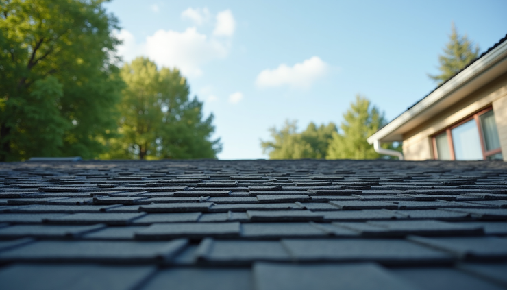 Eye-level view of a newly installed dark grey shingle roof on a suburban home in Niagara Region