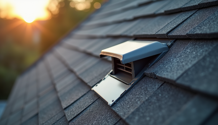 Close-up view of attic ridge vent installed on a shingled roof