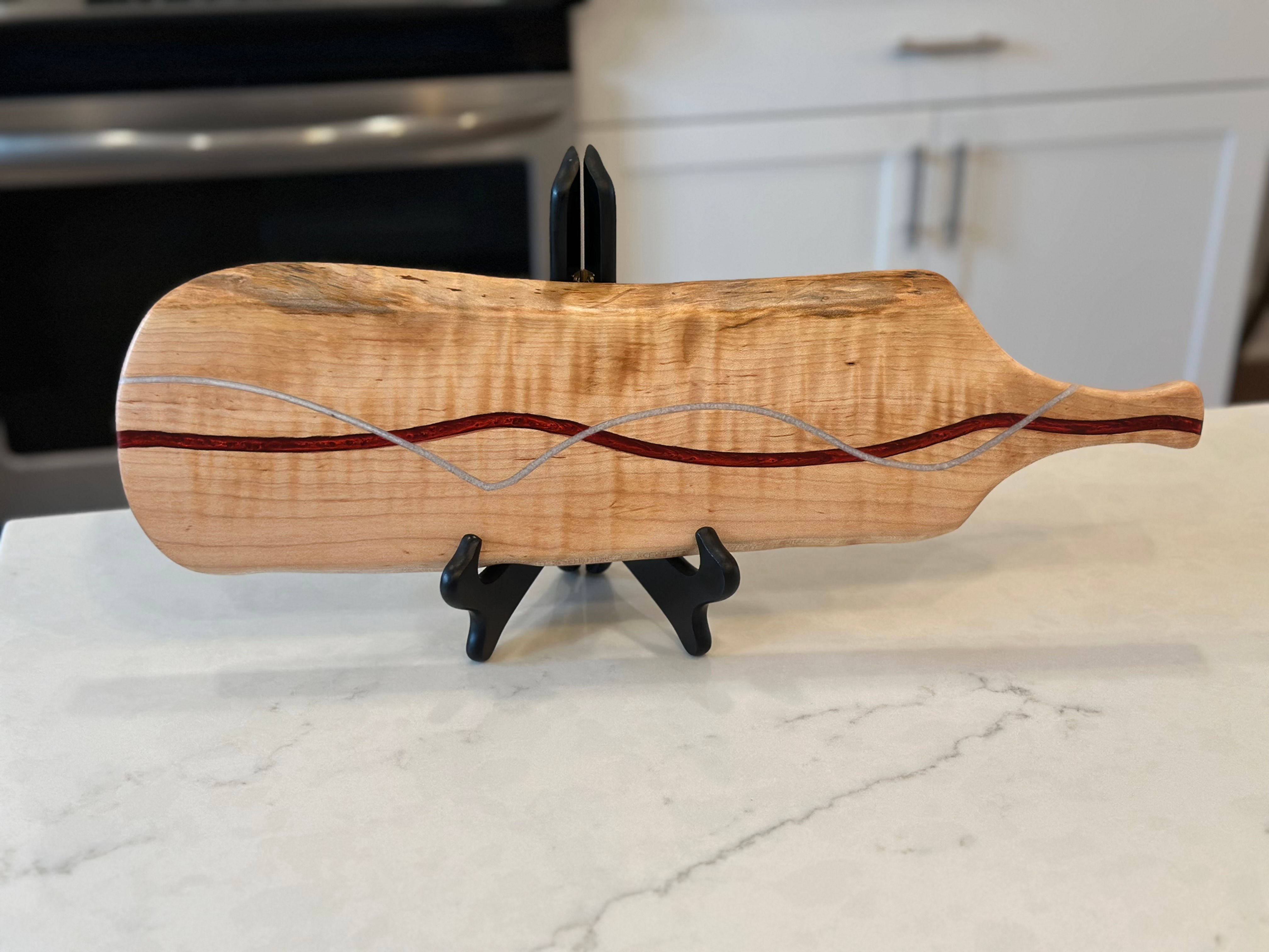 Cherry live edge bread/charcuterie board with red and grey stripes