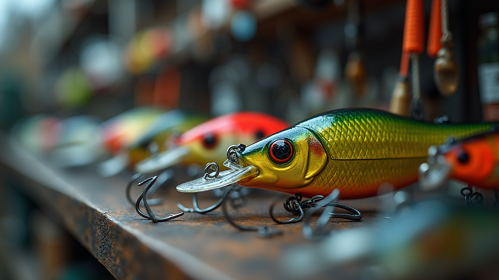 Eye-level view of fishing tackle display with various lures and hooks