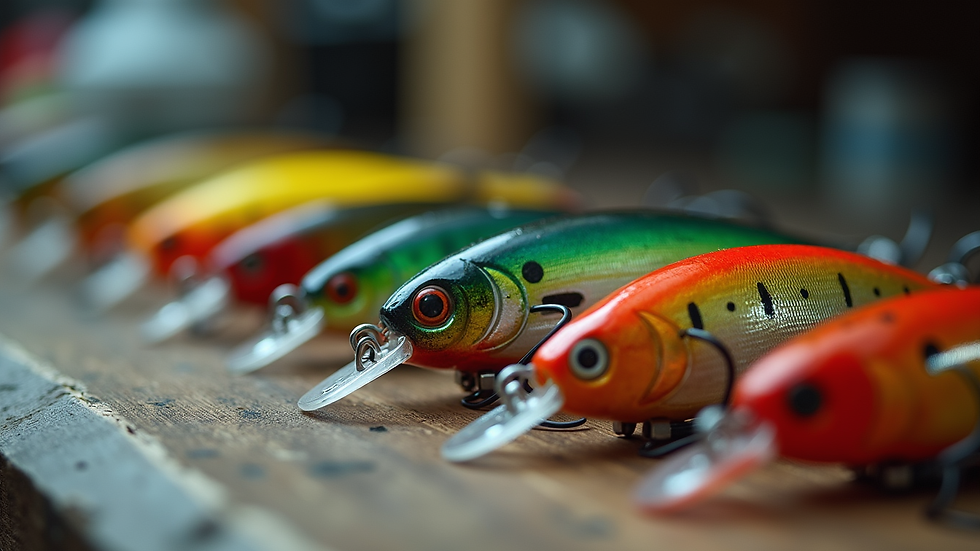 Eye-level view of various fishing lures arranged on a table