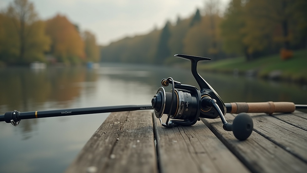 Close-up view of fishing rod and reel setup on a wooden surface