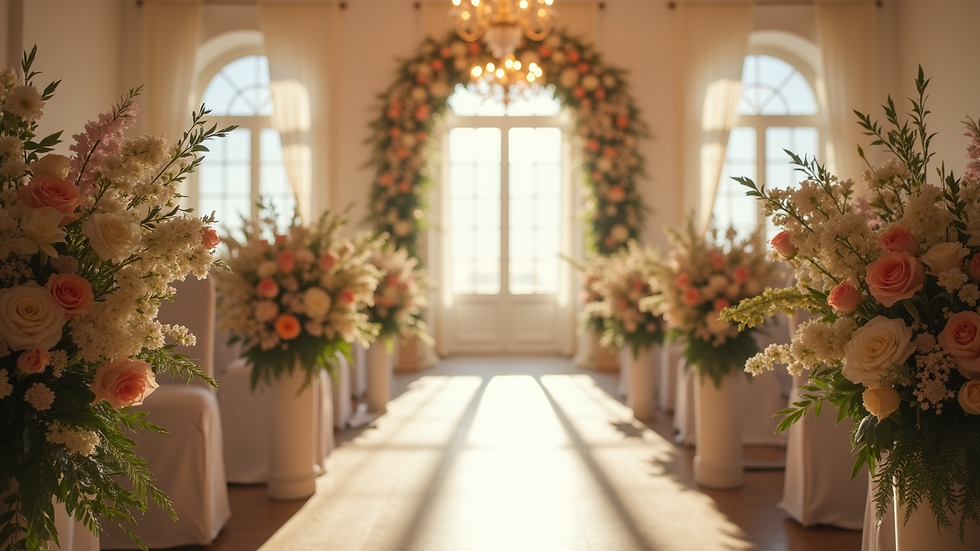 Wide angle view of a decorated wedding venue with floral arrangements