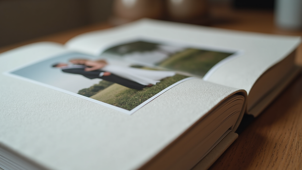 Close-up view of a wedding photobook with a textured linen cover and panoramic photo spread
