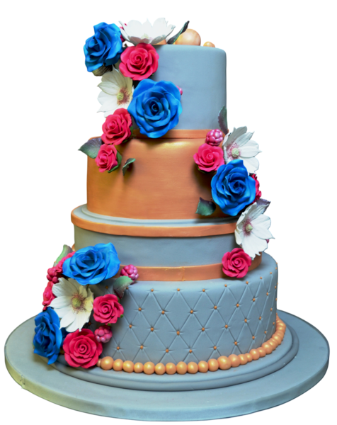 Three-tiered wedding cake with blue, pink, and white sugar paste flowers.
