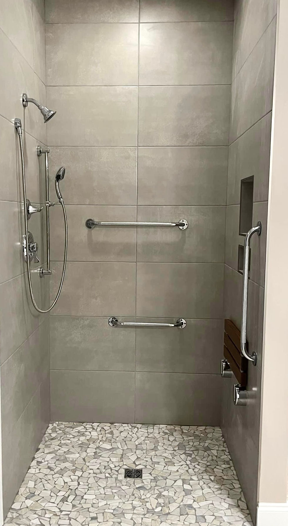 ADA shower, accessibility, accessible shower, handicap accessible, grab bars, shower bench, aging in place, elderly, shower, curbless, zero entry, construction, contractor, husky builders, grits grace and granola, interior design, bathroom, accessible bathroom
