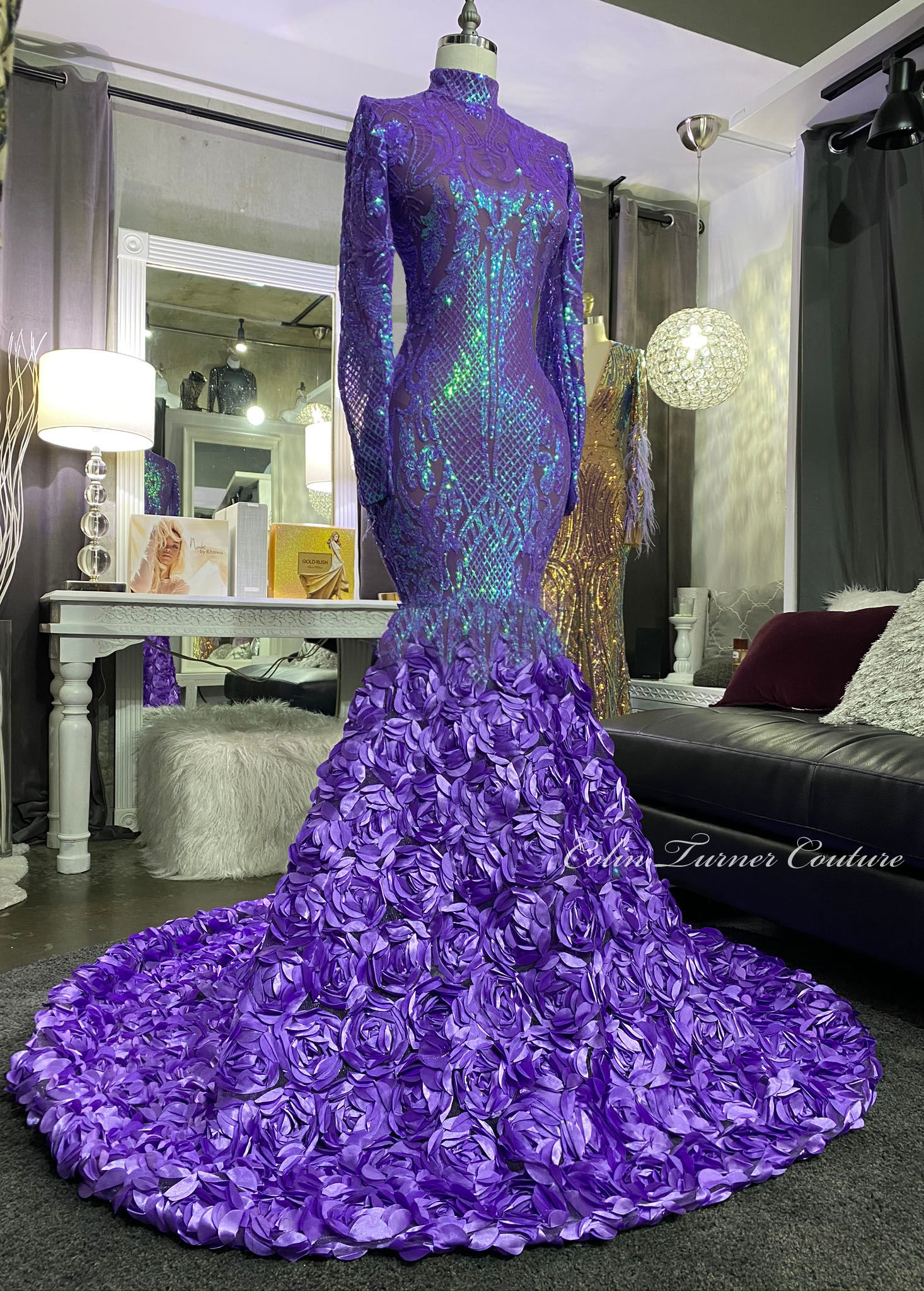 “GIANNA" EXTENDED ROSETTE COUTURE SEQUIN AND  PEPLUM GOWN PEPL