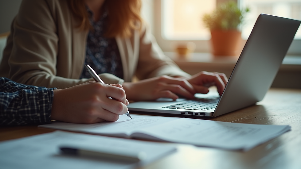 Eye-level view of a small business owner planning social media content on a laptop