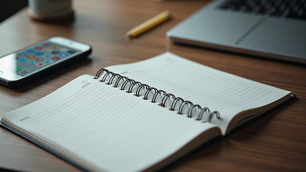 High angle view of a desk with a planner and smartphone showing social media apps