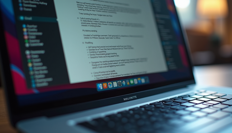 Eye-level view of a laptop screen showing an email draft with colorful graphics