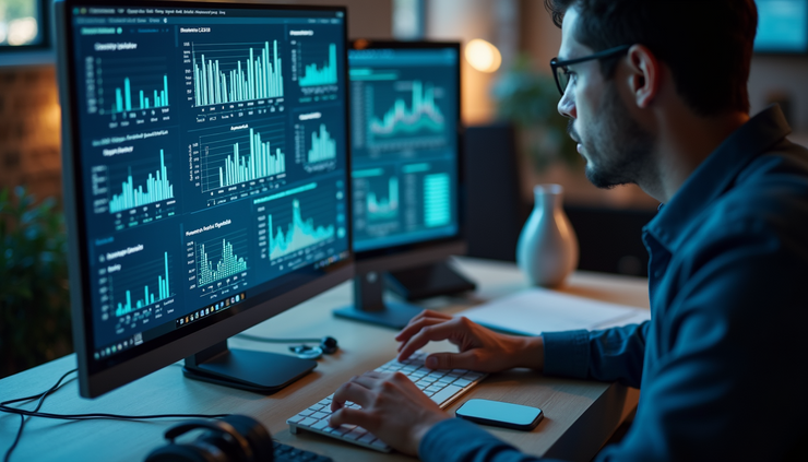 High angle view of a person analyzing campaign data on a laptop