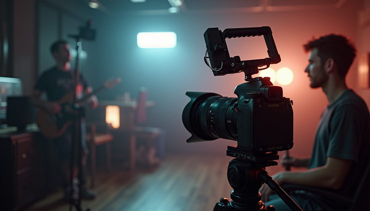 High angle view of a camera setup recording a product demonstration video