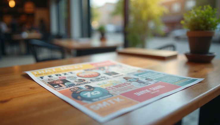 Close-up view of a colorful flyer with clear advertising message on a wooden table