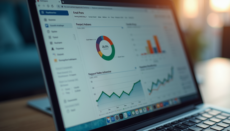Eye-level view of a laptop screen displaying an email campaign dashboard