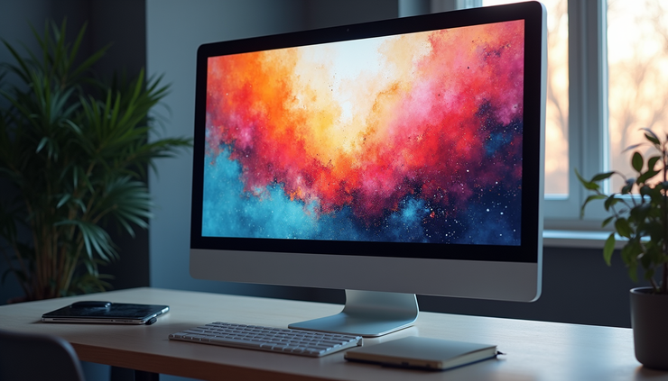 Eye-level view of a digital screen displaying AI-generated abstract art