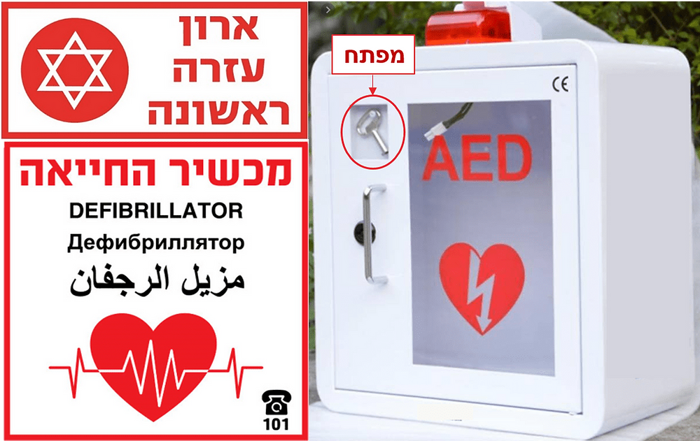 שילוט לארון עזרה ראשונה ולמכשיר החייאה, למפתח ארונית