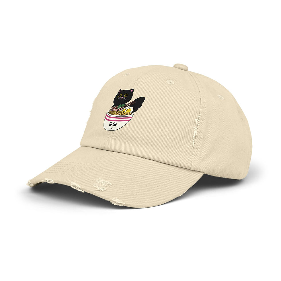 Thumbnail: Cat Ramen Baseball Cap — Cute Black Cat in Ramen Bowl Distressed Hat