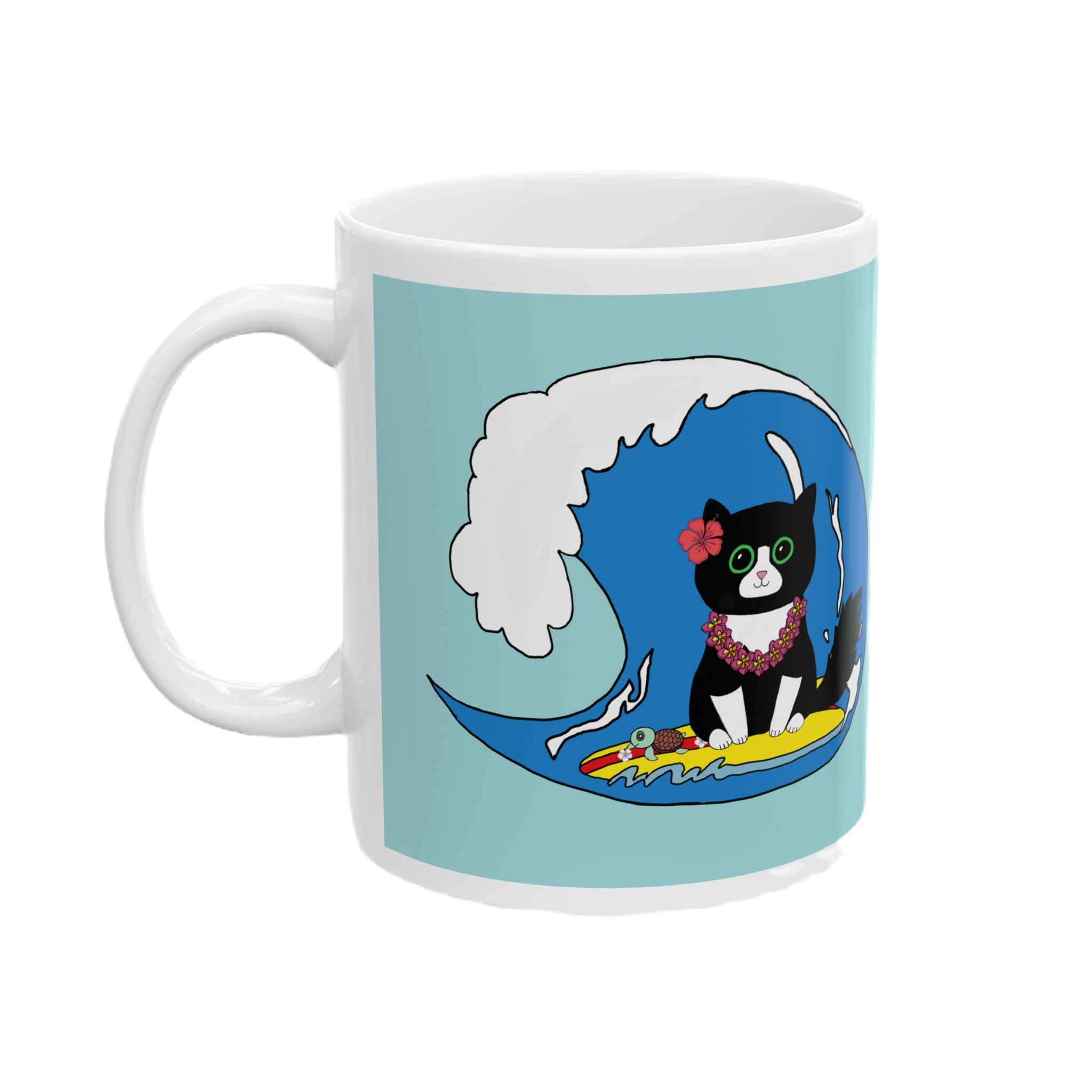 Cat on a Wave Ceramic Mug — Cute Black Cat Illustration Coffee Cup (11oz/15oz)