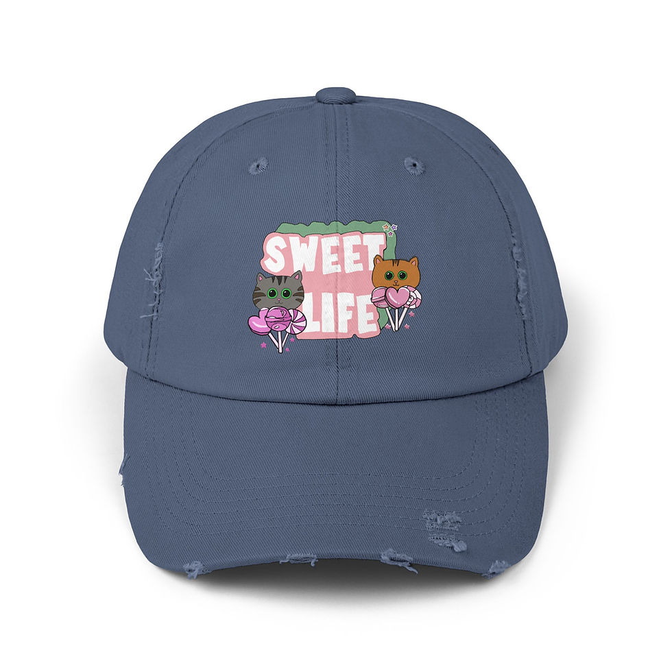 Thumbnail: Sweet Life Distressed Cap — Cute Cat Candy Graphic Hat