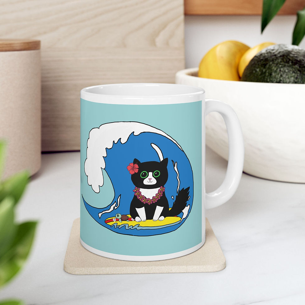 Thumbnail: Cat on a Wave Ceramic Mug — Cute Black Cat Illustration Coffee Cup (11oz/15oz)
