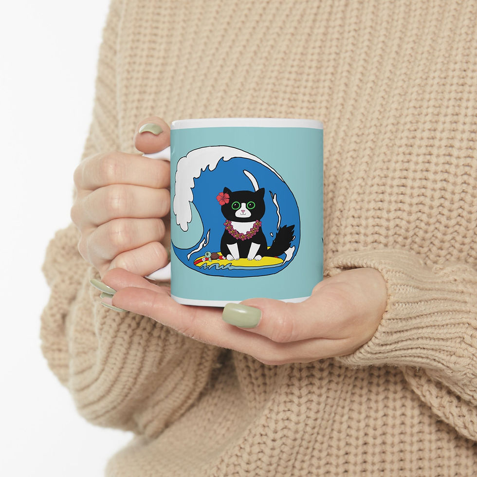 Thumbnail: Cat on a Wave Ceramic Mug — Cute Black Cat Illustration Coffee Cup (11oz/15oz)