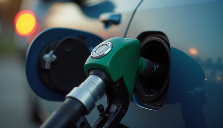 Close-up view of a fuel nozzle inserted into a car’s fuel tank