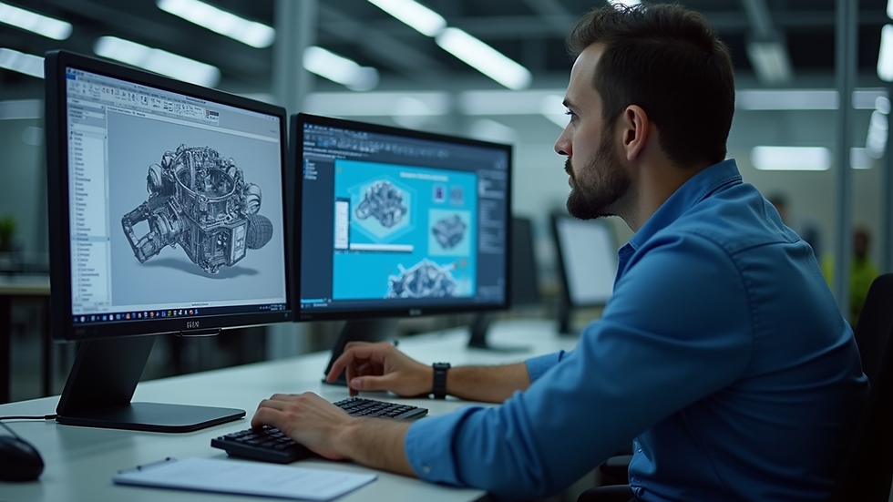 Eye-level view of a mechanical engineer working on a 3D CAD model on a computer screen