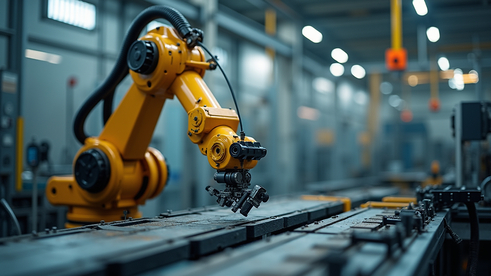 Eye-level view of an industrial robotic arm assembling machinery