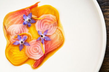 golden beet salad, edible flowers