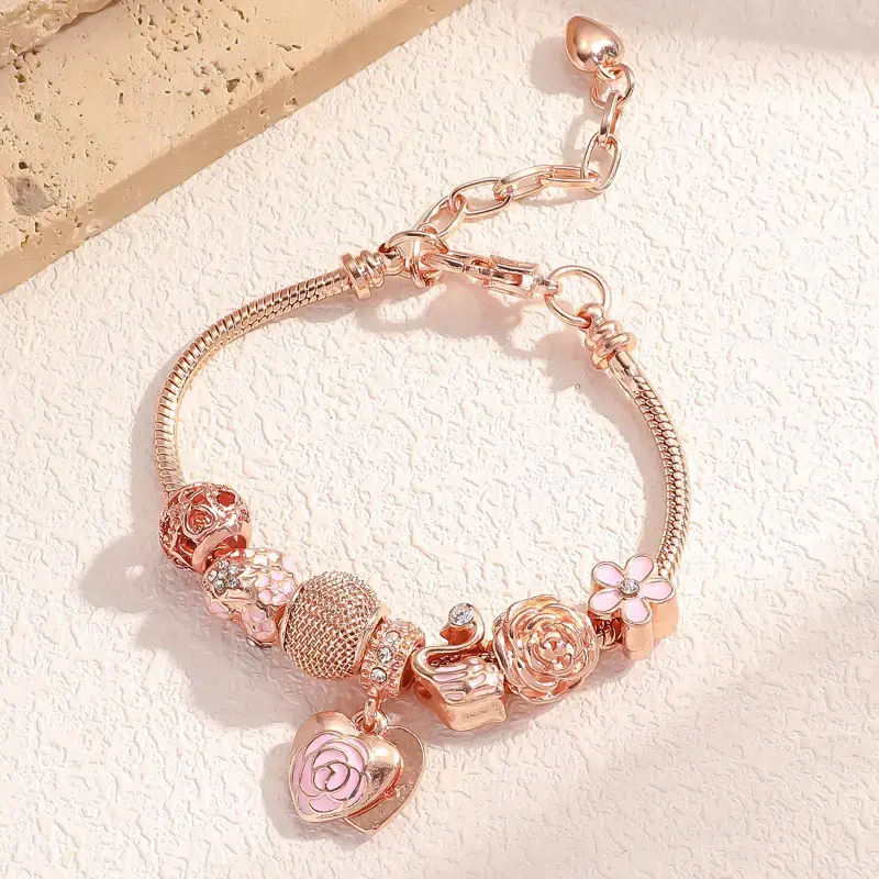 Pink Double Heart with Swan, Heart Crystal Cluster, Pink Flower Bracelet