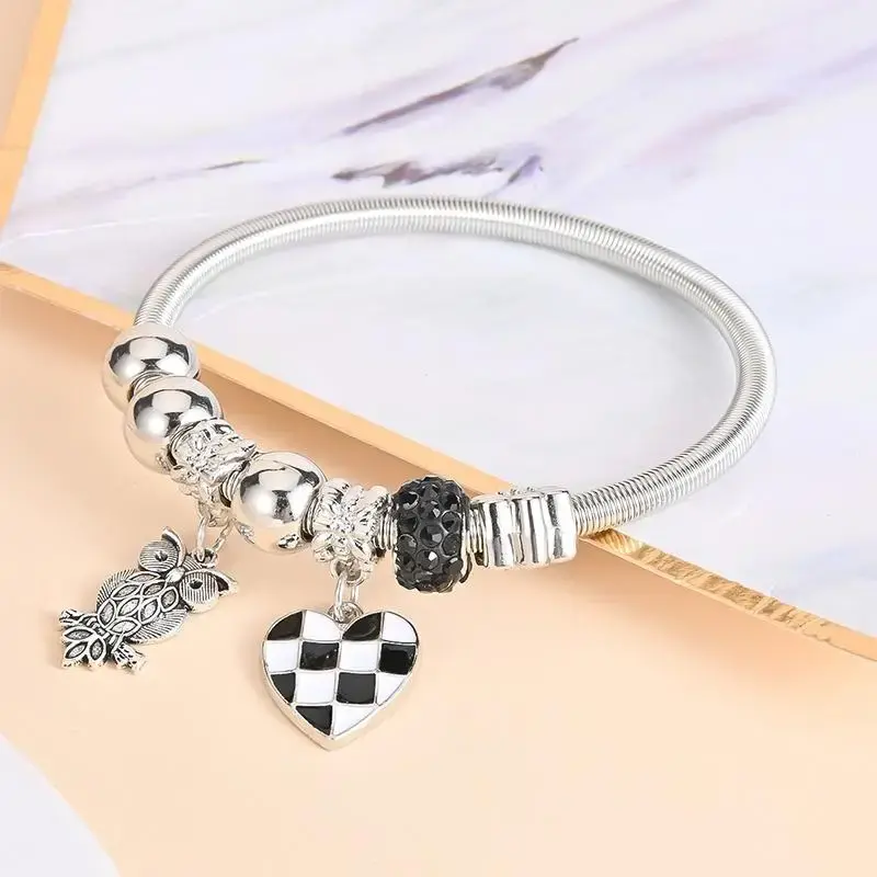 Silver Owl with Black Crystal & Checker Heart Bracelet